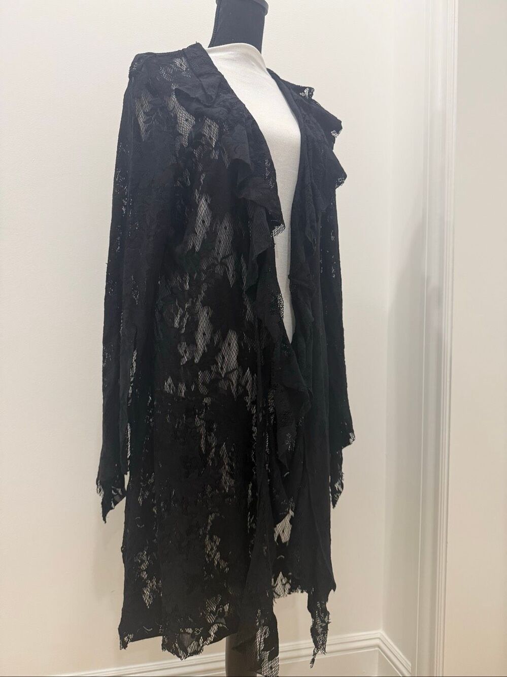 Black Floral Lace Duster Bell Sleeve Waterfall Cardigan XL